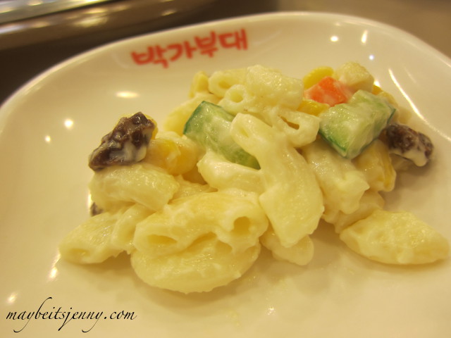 Korean style Mac Salad - it did not taste good.  Yes that's raisin you spot in the upper left corner...