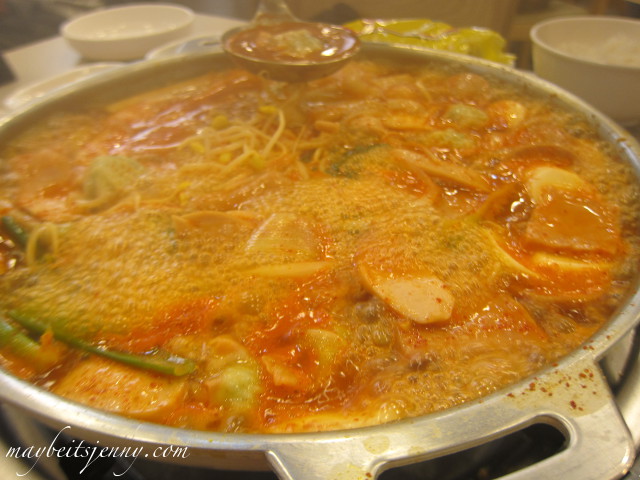 Here is the budae jigae boiling away.  I thought the dish was good but not great.  We also paid extra for additional ingredients which included noodles and dumplings.  Yum.